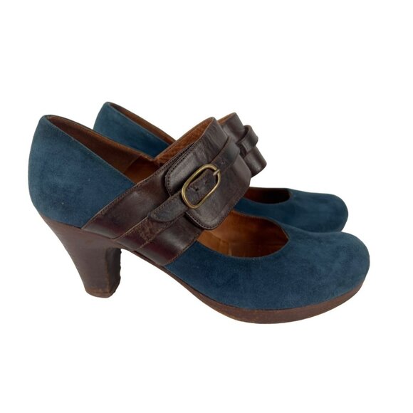 Chie Mihara Blue Suede Mary Jane Wood Platform Heels Size 38.5 - Picture 1 of 14